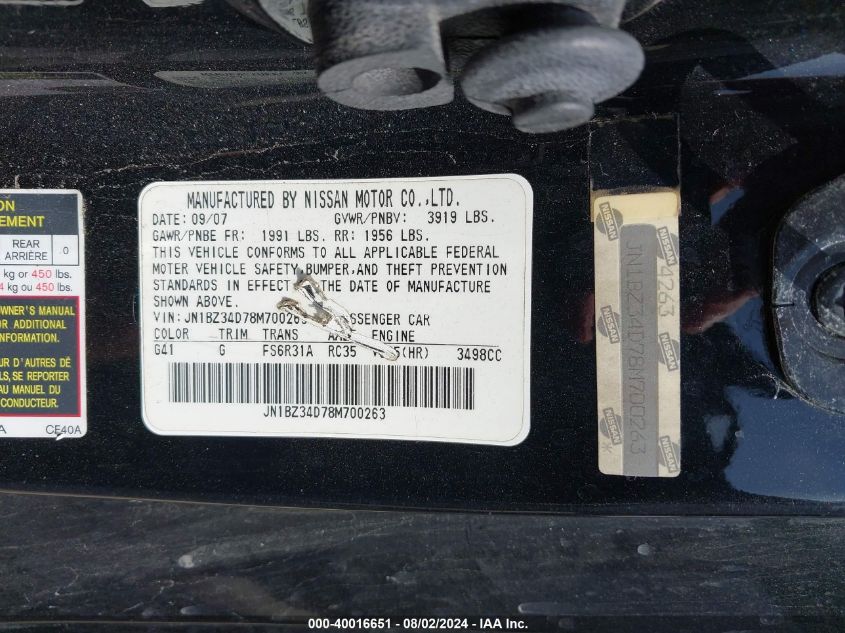 2008 Nissan 350Z Enthusiast VIN: JN1BZ34D78M700263 Lot: 40016651