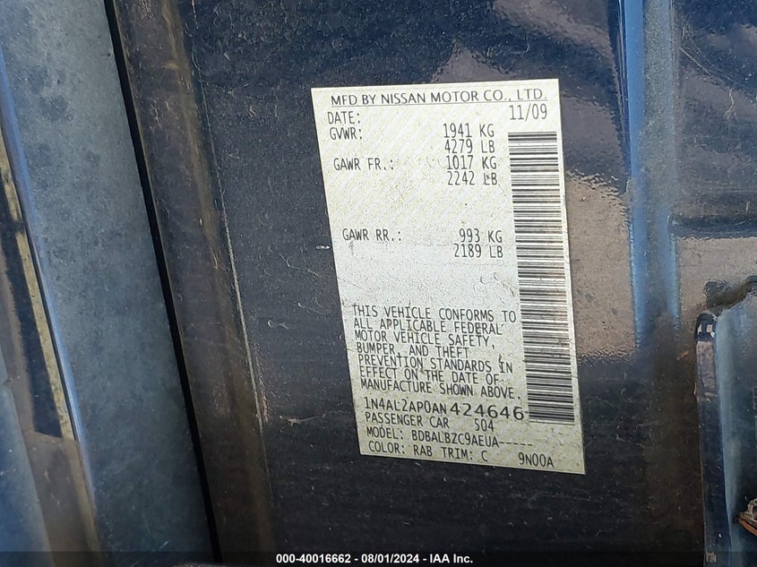 2010 Nissan Altima 2.5 S VIN: 1N4AL2AP0AN424646 Lot: 40016662