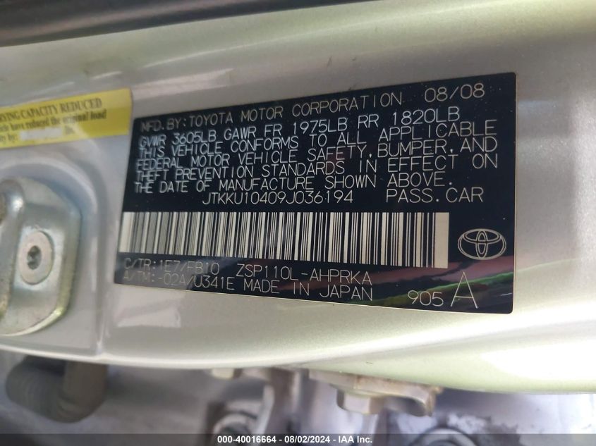 2009 Scion Xd VIN: JTKKU10409J036194 Lot: 40016664