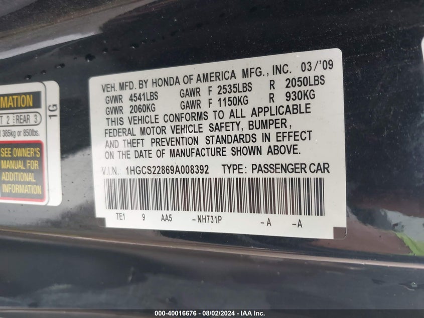 2009 Honda Accord Exl VIN: 1HGCS22869A008392 Lot: 40016676