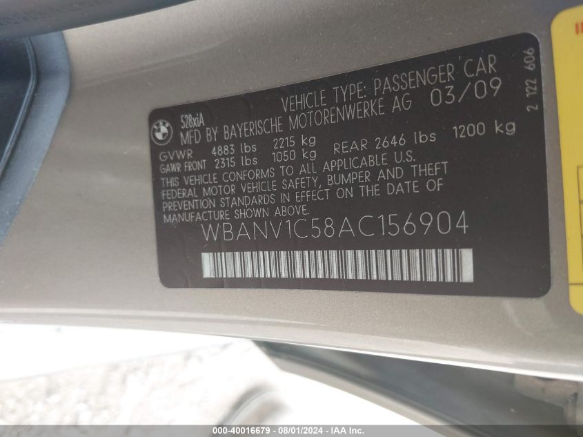 2010 BMW 528I xDrive VIN: WBANV1C58AC156904 Lot: 40016679