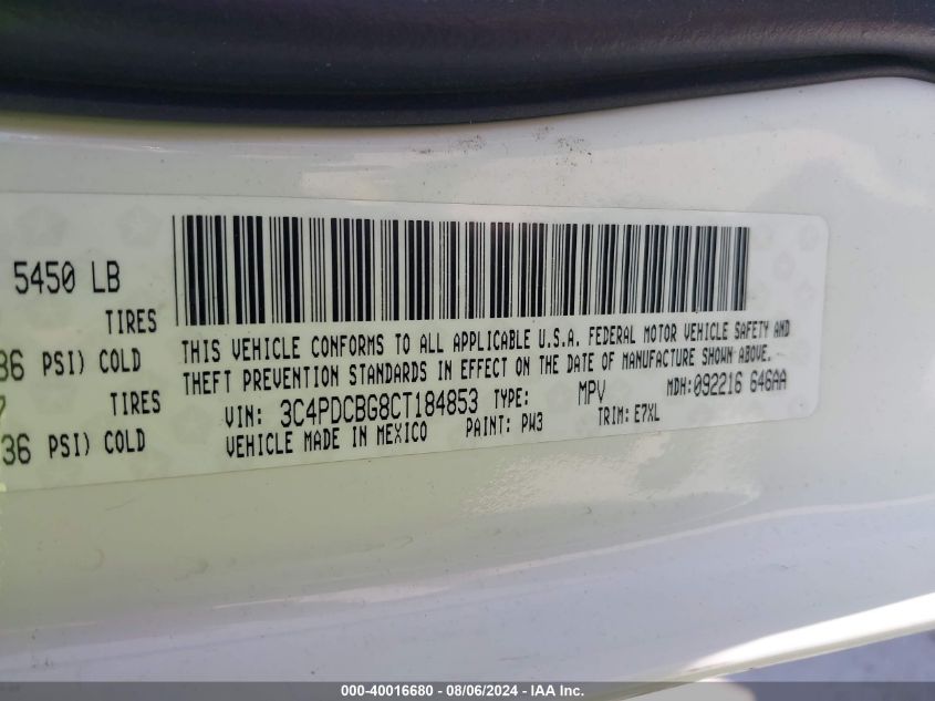 2012 Dodge Journey Sxt VIN: 3C4PDCBG8CT184853 Lot: 40016680