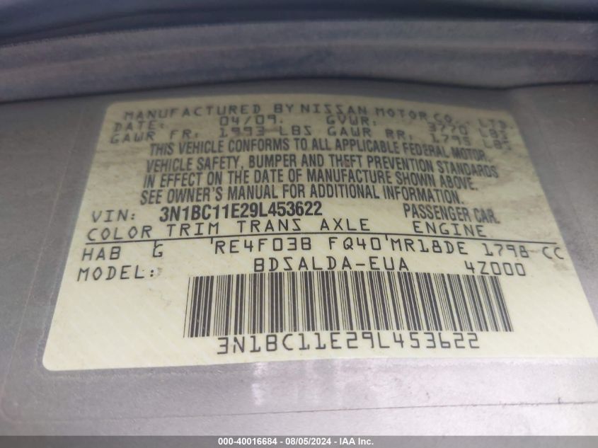 2009 Nissan Versa 1.8S VIN: 3N1BC11E29L453622 Lot: 40016684