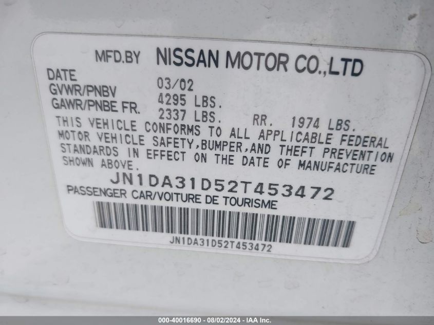 2002 Nissan Maxima Gxe VIN: JN1DA31D52T453472 Lot: 40016690