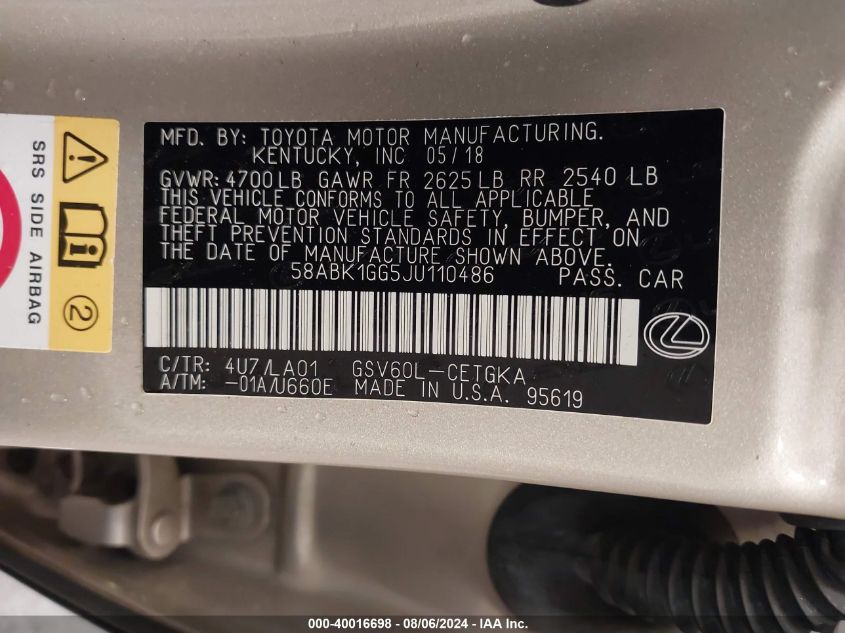 2018 Lexus Es 350 VIN: 58ABK1GG5JU110486 Lot: 40016698