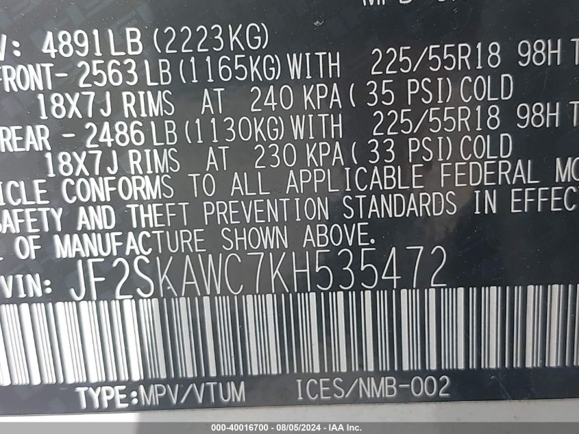 2019 Subaru Forester Touring VIN: JF2SKAWC7KH535472 Lot: 40016700