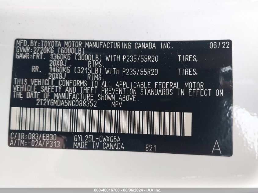 2022 Lexus Rx 450H F Sport Handling VIN: 2T2YGMDA5NC088352 Lot: 40016708