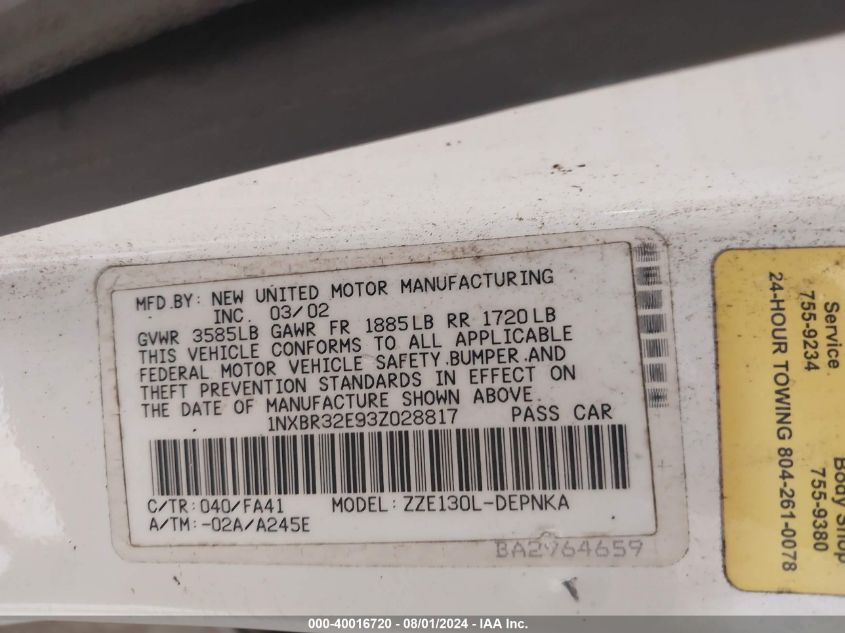 2003 Toyota Corolla Le VIN: 1NXBR32E93Z028817 Lot: 40016720