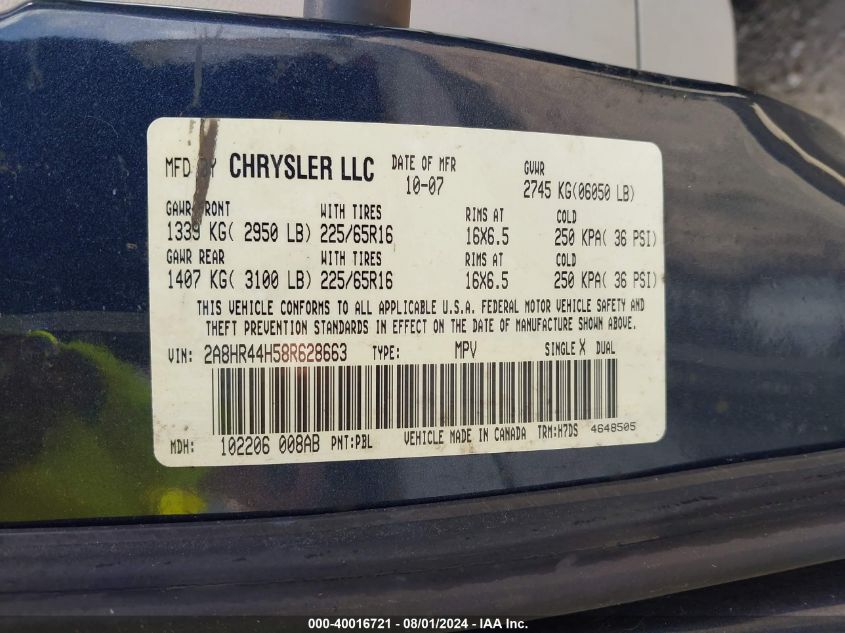 2008 Chrysler Town & Country Lx VIN: 2A8HR44H58R628663 Lot: 40016721