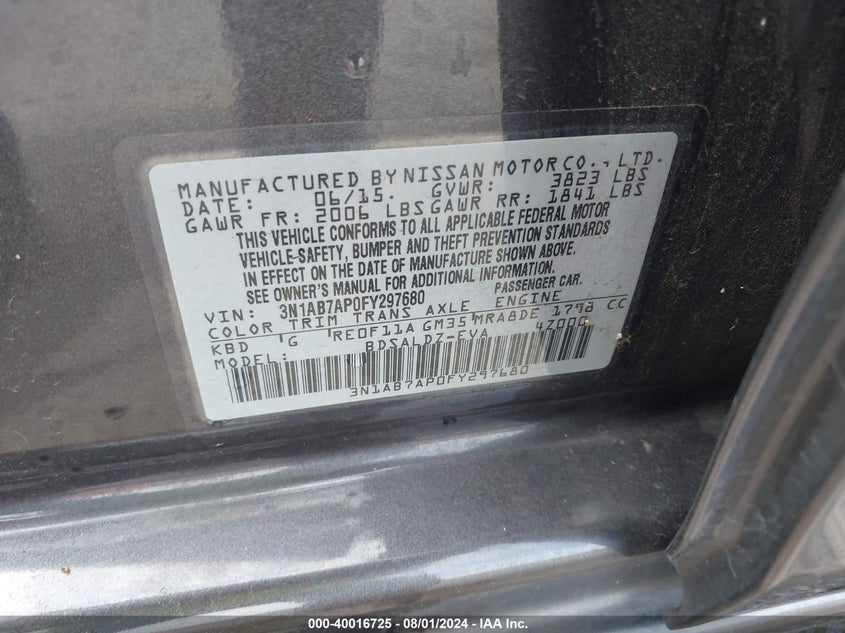 2015 Nissan Sentra Sv VIN: 3N1AB7AP0FY297680 Lot: 40016725