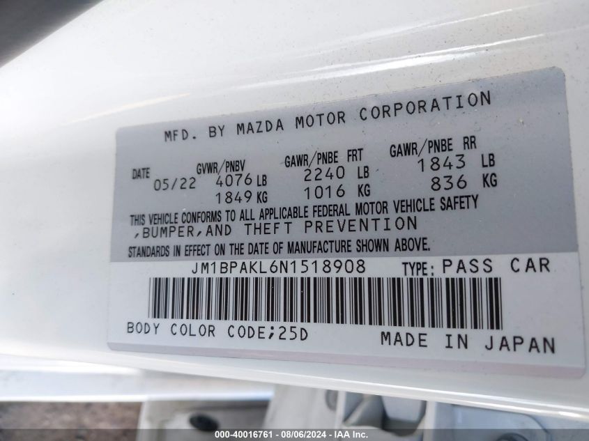 2022 MAZDA MAZDA3 SELECT - JM1BPAKL6N1518908