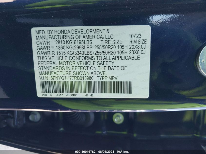 2024 Honda Pilot Awd Touring VIN: 5FNYG1H77RB013980 Lot: 40016762