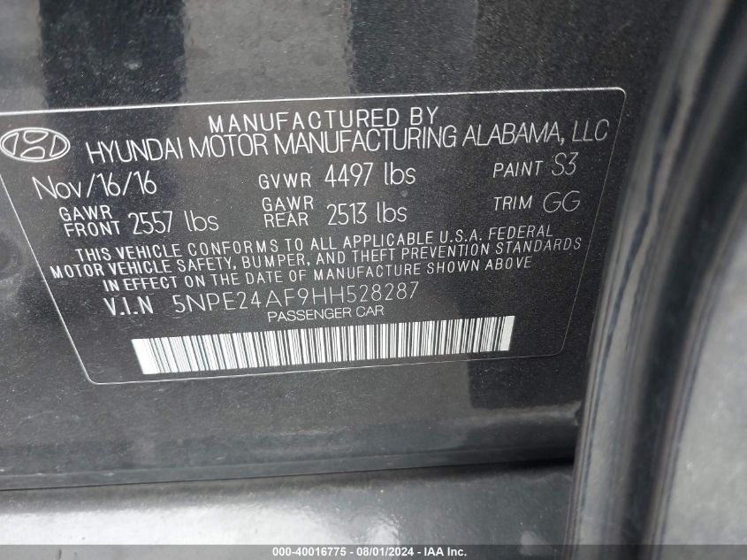 2017 Hyundai Sonata Se VIN: 5NPE24AF9HH528287 Lot: 40016775