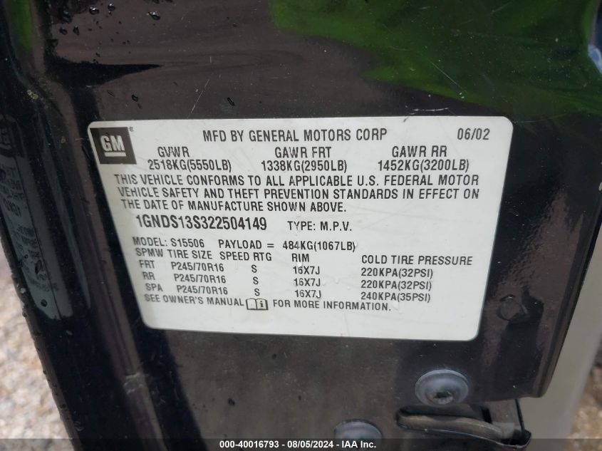 2002 Chevrolet Trailblazer Ls VIN: 1GNDS13S322504149 Lot: 41452139