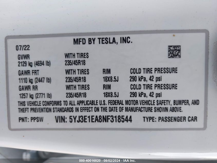 2022 Tesla Model 3 Rear-Wheel Drive VIN: 5YJ3E1EA8NF318544 Lot: 40016820