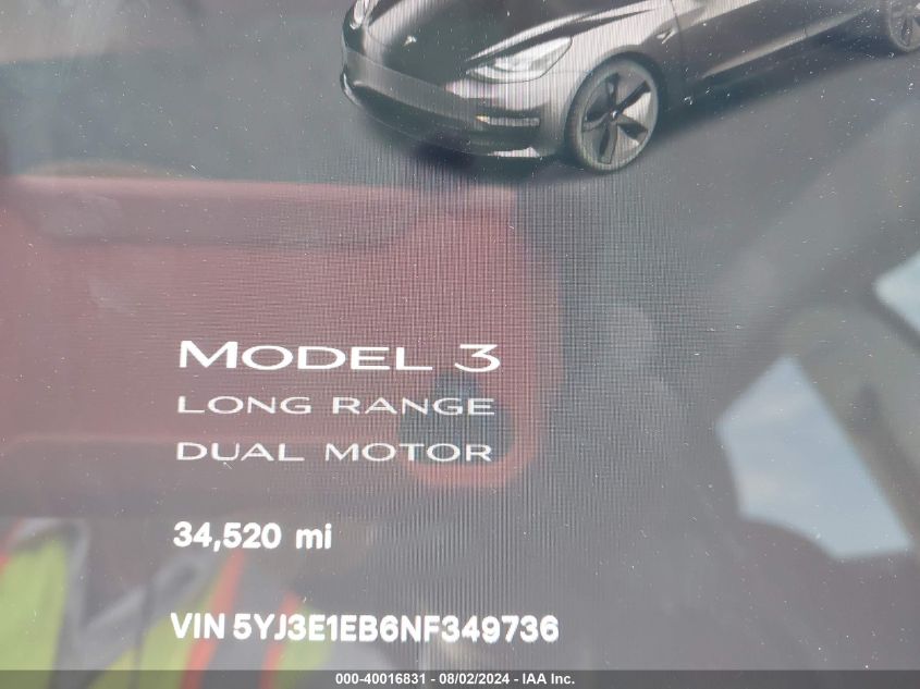 2022 Tesla Model 3 Long Range Dual Motor All-Wheel Drive VIN: 5YJ3E1EB6NF349736 Lot: 40016831