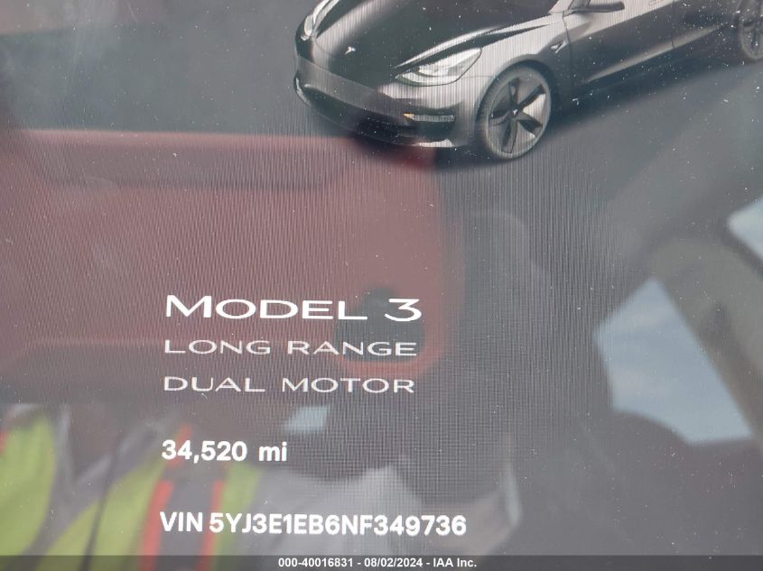 2022 Tesla Model 3 Long Range Dual Motor All-Wheel Drive VIN: 5YJ3E1EB6NF349736 Lot: 40016831