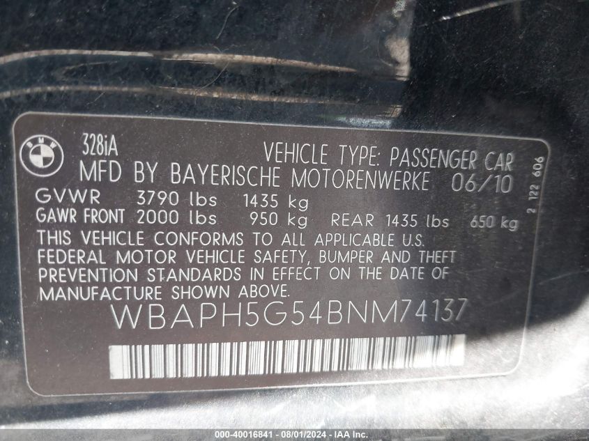 2011 BMW 328I VIN: WBAPH5G54BNM74137 Lot: 40016841