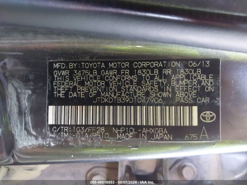 JTDKDTB39D1047906 2013 Toyota Prius C Three