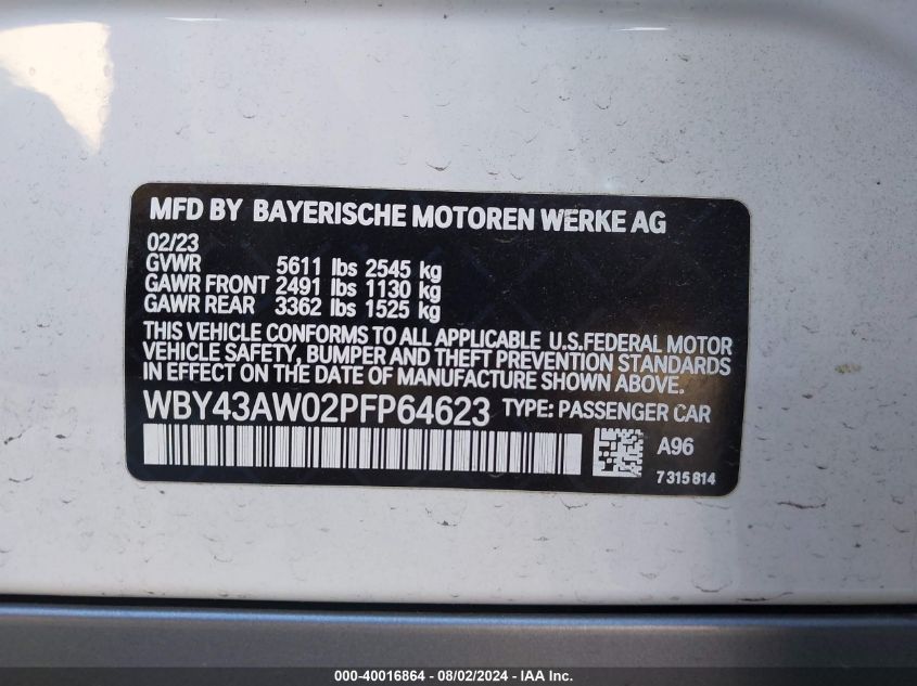 2023 BMW I4 Edrive35 VIN: WBY43AW02PFP64623 Lot: 40016864