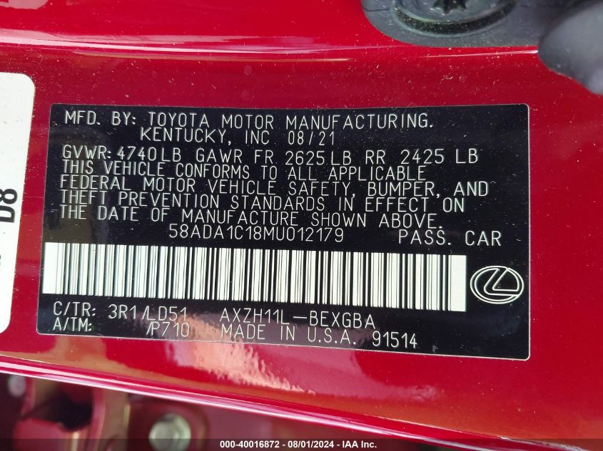 2021 Lexus Es 300H VIN: 58ADA1C18MU012179 Lot: 40016872