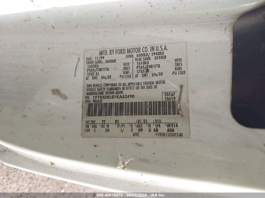 2000 Ford F150 VIN: 1FTRX08L8YKA62490 Lot: 40016875