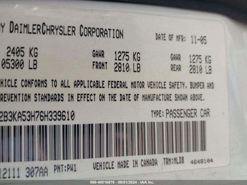 2006 Dodge Charger Rt VIN: 2B3KA53H76H339610 Lot: 40016878