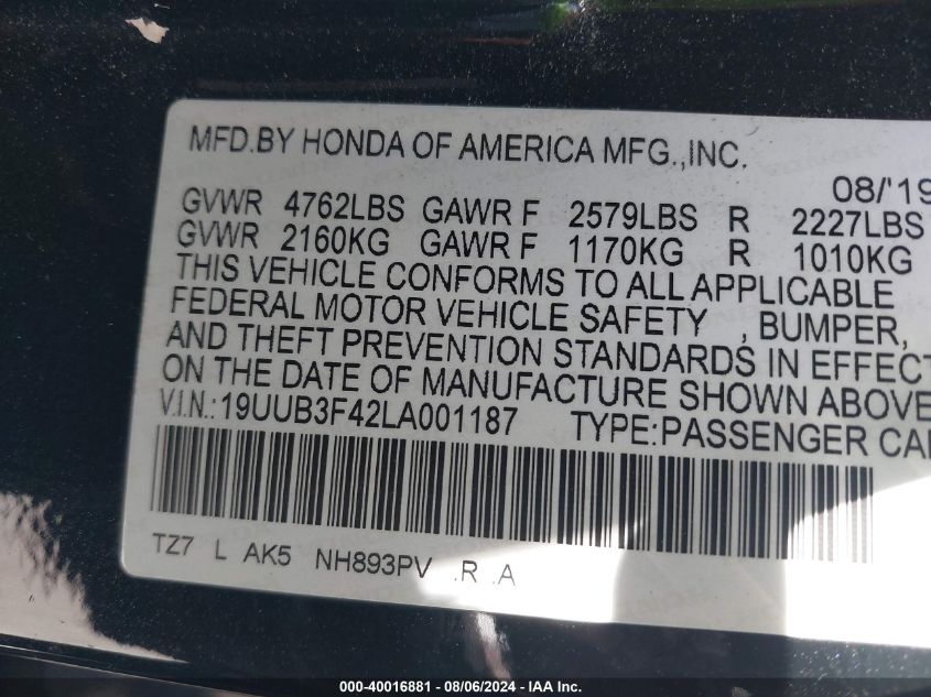 2020 Acura Tlx Tech Package VIN: 19UUB3F42LA001187 Lot: 40016881