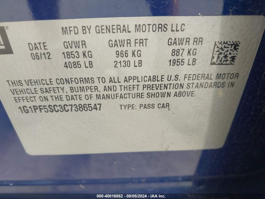 2012 Chevrolet Cruze 1Lt VIN: 1G1PF5SC3C7386547 Lot: 40016882