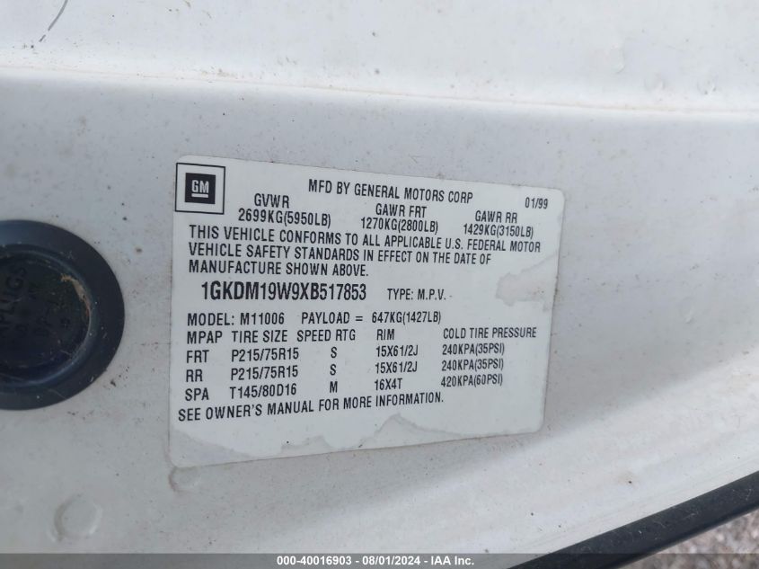 1999 GMC Safari Slt VIN: 1GKDM19W9XB517853 Lot: 40016903