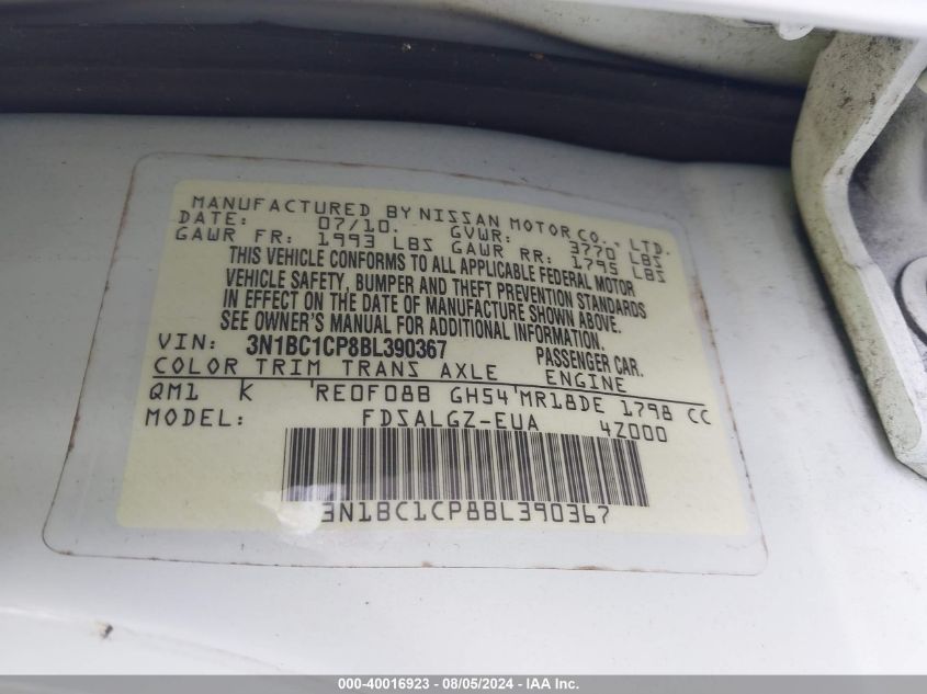 2011 Nissan Versa S/Sl VIN: 3N1BC1CP8BL390367 Lot: 40016923