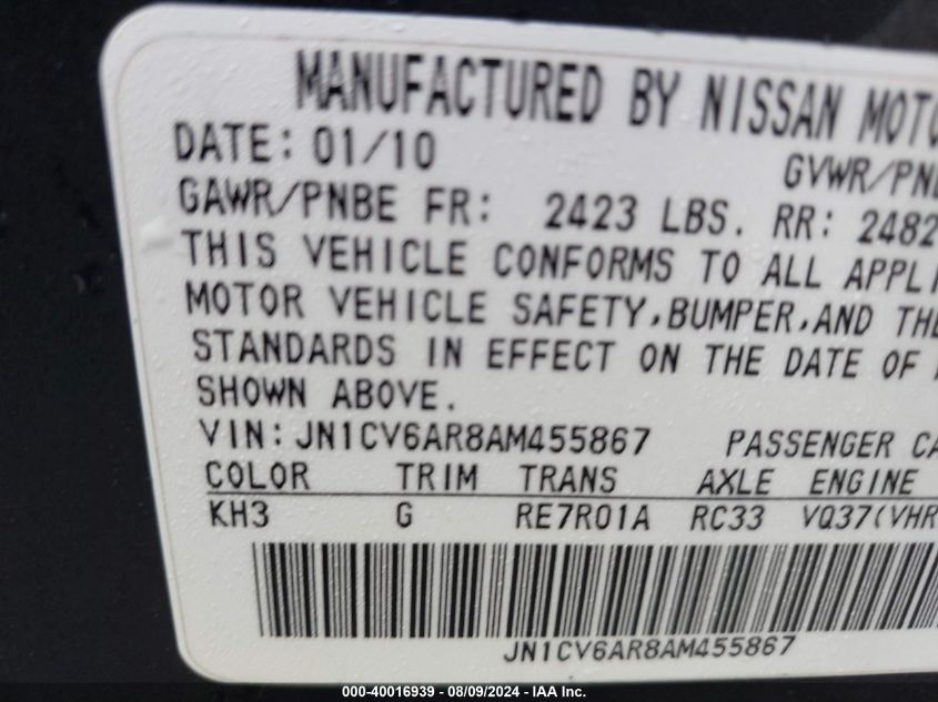 2010 Infiniti G37X VIN: JN1CV6AR8AM455867 Lot: 40016939