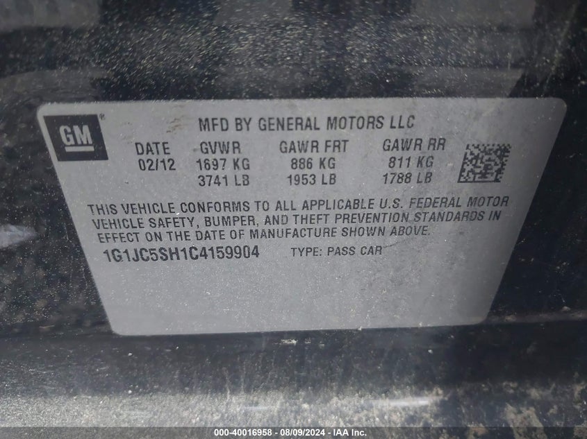 2012 Chevrolet Sonic 2Lt VIN: 1G1JC5SH1C4159904 Lot: 40016958