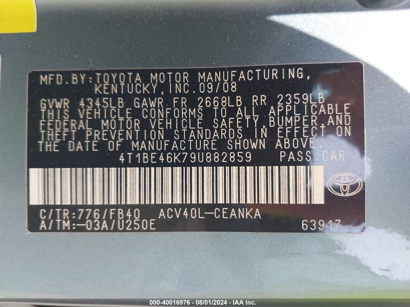 2009 Toyota Camry Le VIN: 4T1BE46K79U882859 Lot: 40016976