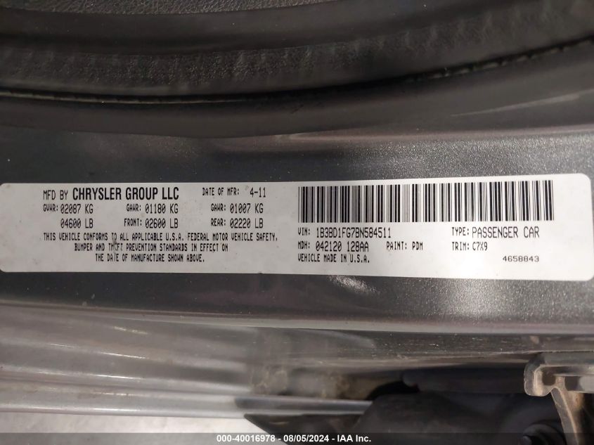 2011 Dodge Avenger Mainstreet VIN: 1B3BD1FG7BN584511 Lot: 40016978