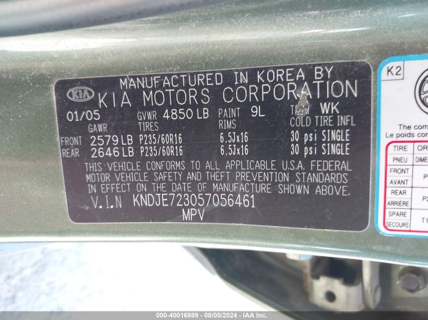 2005 Kia Sportage Ex V6/Lx V6 VIN: KNDJE723057056461 Lot: 40016989