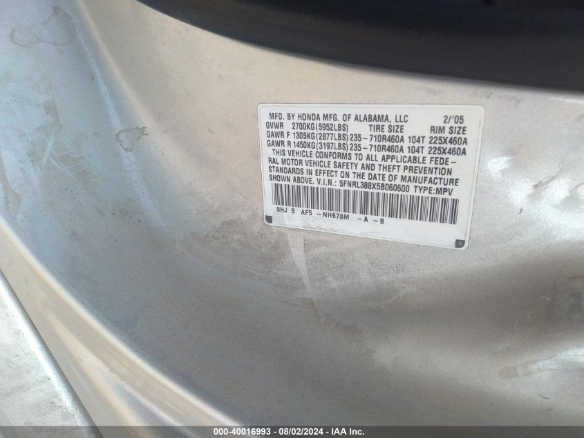 2005 Honda Odyssey Touring VIN: 5FNRL388X5B060600 Lot: 40016993