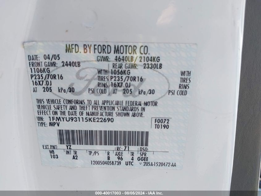 2005 Ford Escape Xlt VIN: 1FMYU93115KE22690 Lot: 40017003