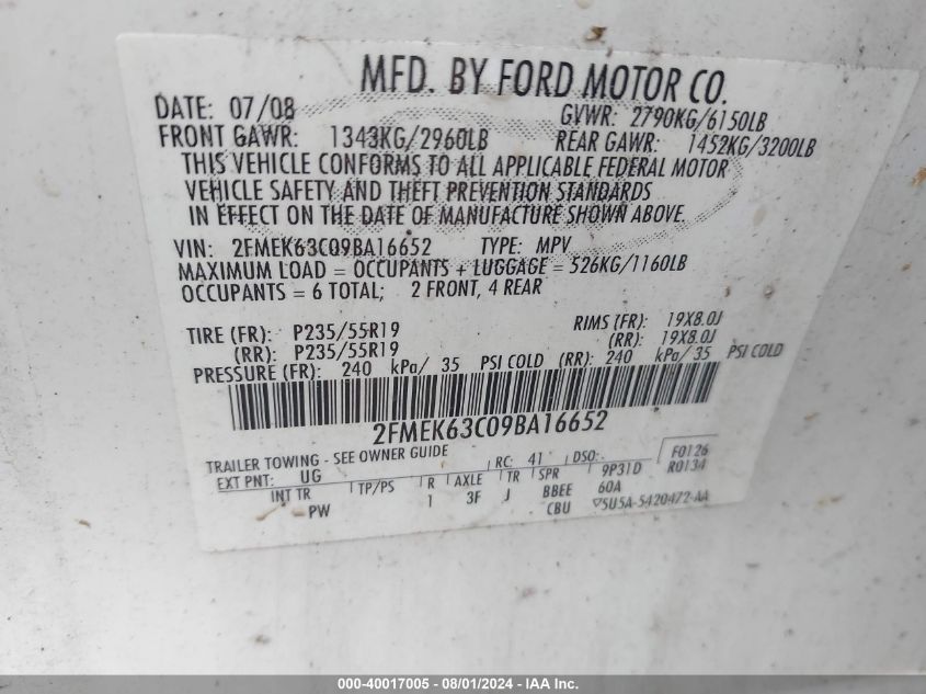 2009 Ford Flex Limited VIN: 2FMEK63C09BA16652 Lot: 40017005