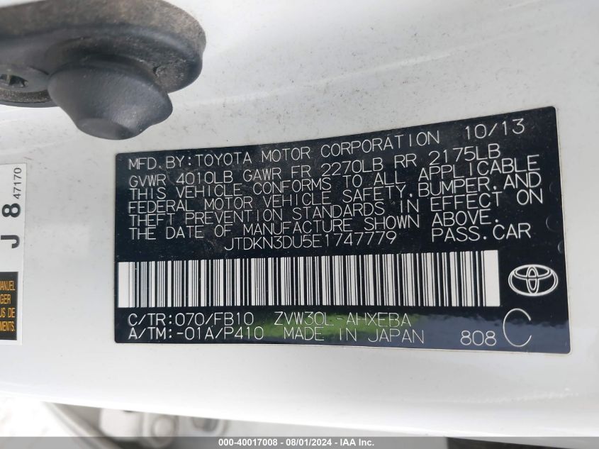 2014 Toyota Prius Two VIN: JTDKN3DU5E1747779 Lot: 40017008