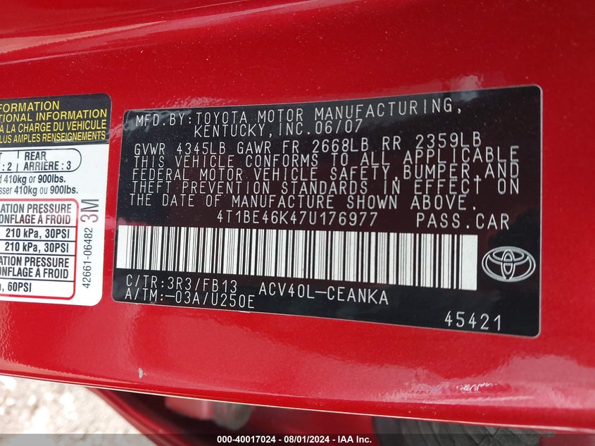 2007 Toyota Camry Le VIN: 4T1BE46K47U176977 Lot: 40017024