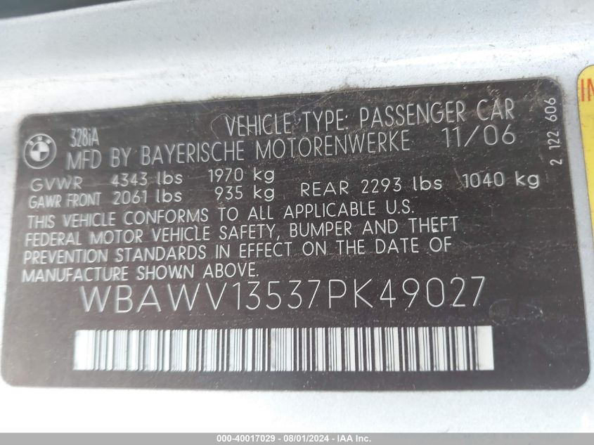 2007 BMW 328I I Sulev VIN: WBAWV13537PK49027 Lot: 40017029