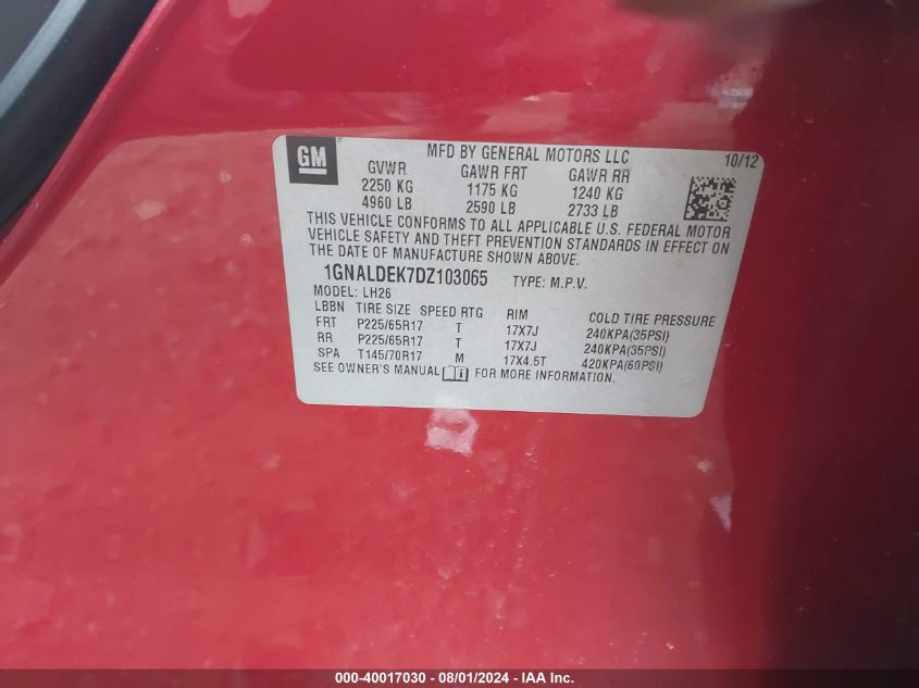 2013 Chevrolet Equinox 1Lt VIN: 1GNALDEK7DZ103065 Lot: 40017030