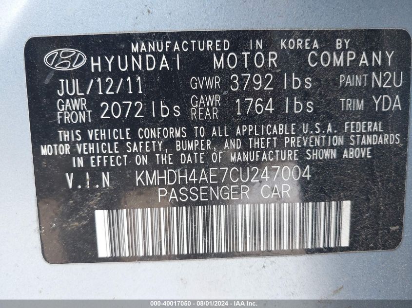 2012 Hyundai Elantra Gls (Ulsan Plant) VIN: KMHDH4AE7CU247004 Lot: 40017050