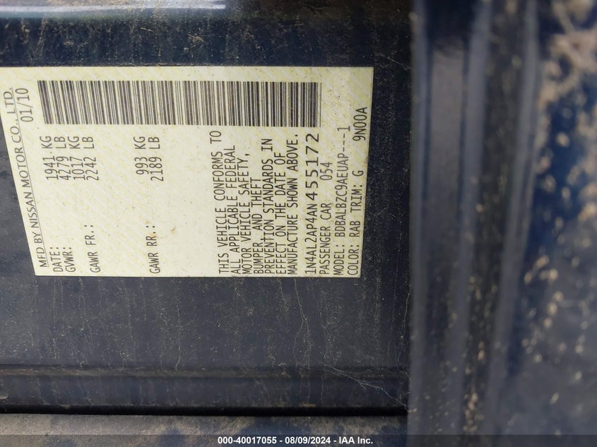 2010 Nissan Altima 2.5 S VIN: 1N4AL2AP4AN455172 Lot: 40017055