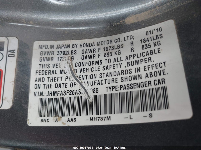 2010 Honda Civic Hybrid VIN: JHMFA3F26AS003085 Lot: 40017064