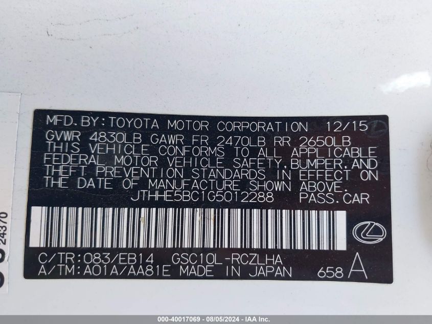 2016 LEXUS RC 350 350 - JTHHE5BC1G5012288