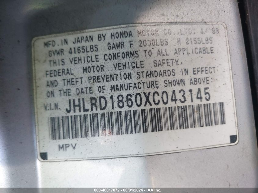 1999 Honda Cr-V Ex VIN: JHLRD1860XC043145 Lot: 40017072