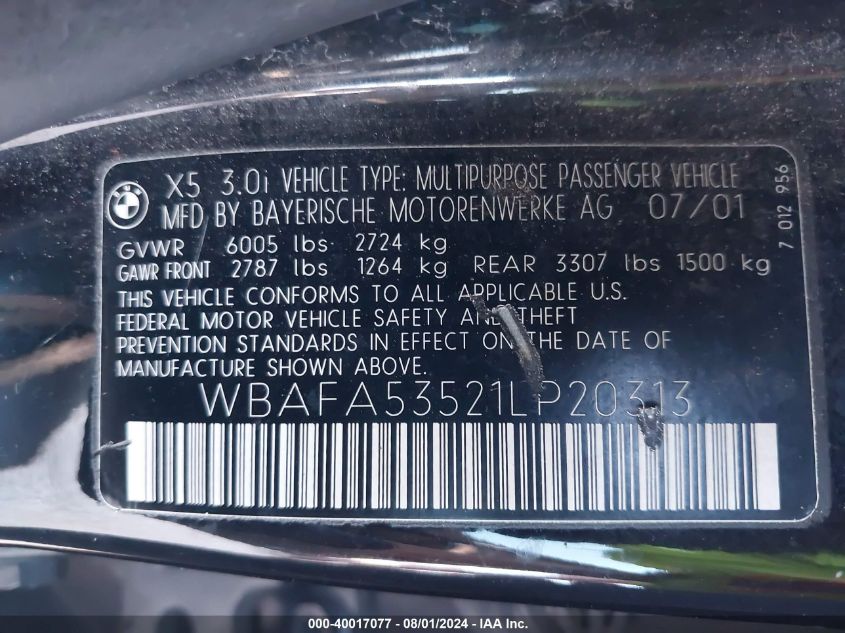 2001 BMW X5 3.0 VIN: WBAFA53521LP20313 Lot: 40017077