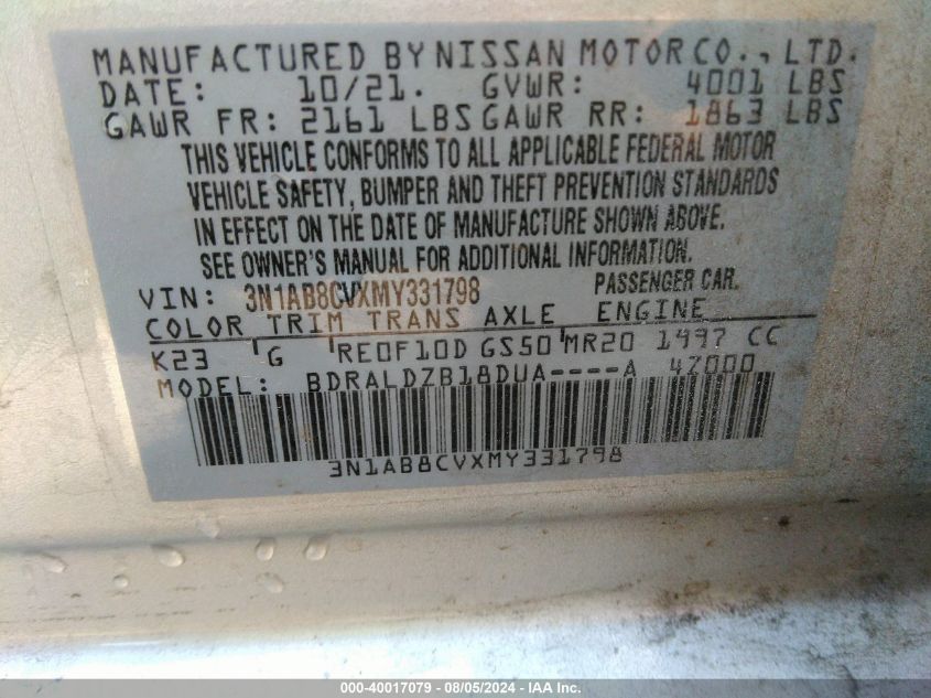 2021 Nissan Sentra Sv VIN: 3N1AB8CVXMY331798 Lot: 40017079